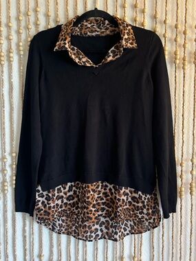 Black Cheetah Print Two in One Collared Pullover Long Sleeve y2K Sweater Too Med